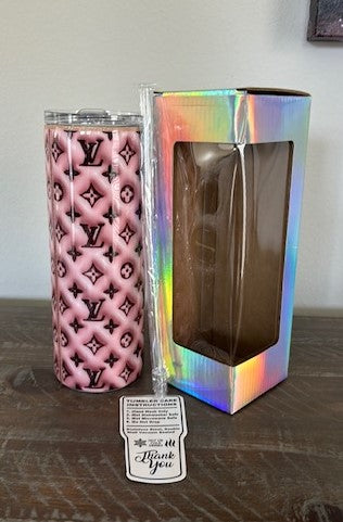 This luxury look tumbler has the puffy design that is so popular now. I added glitzy stripes for embellishment.
I coated it with three coats of epoxy resin to protect the design.
Stainless steel will keep your drinks hot or cold for hours.
Comes with plastic sliding splash proof lid, gift box, and plastic straw as shown.
Hand wash only, NOT for dishwasher, do NOT put in microwave.