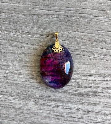 Handcrafted Pink, Purple, Blue & Orange Oval Cabochon Pendant, Gold Tone Bail