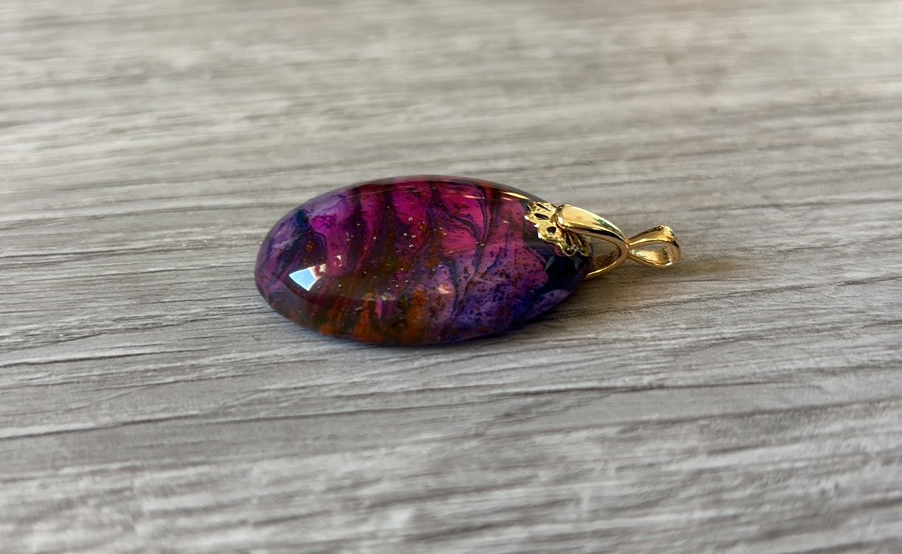 Handcrafted Pink, Purple, Blue & Orange Oval Cabochon Pendant, Gold Tone Bail