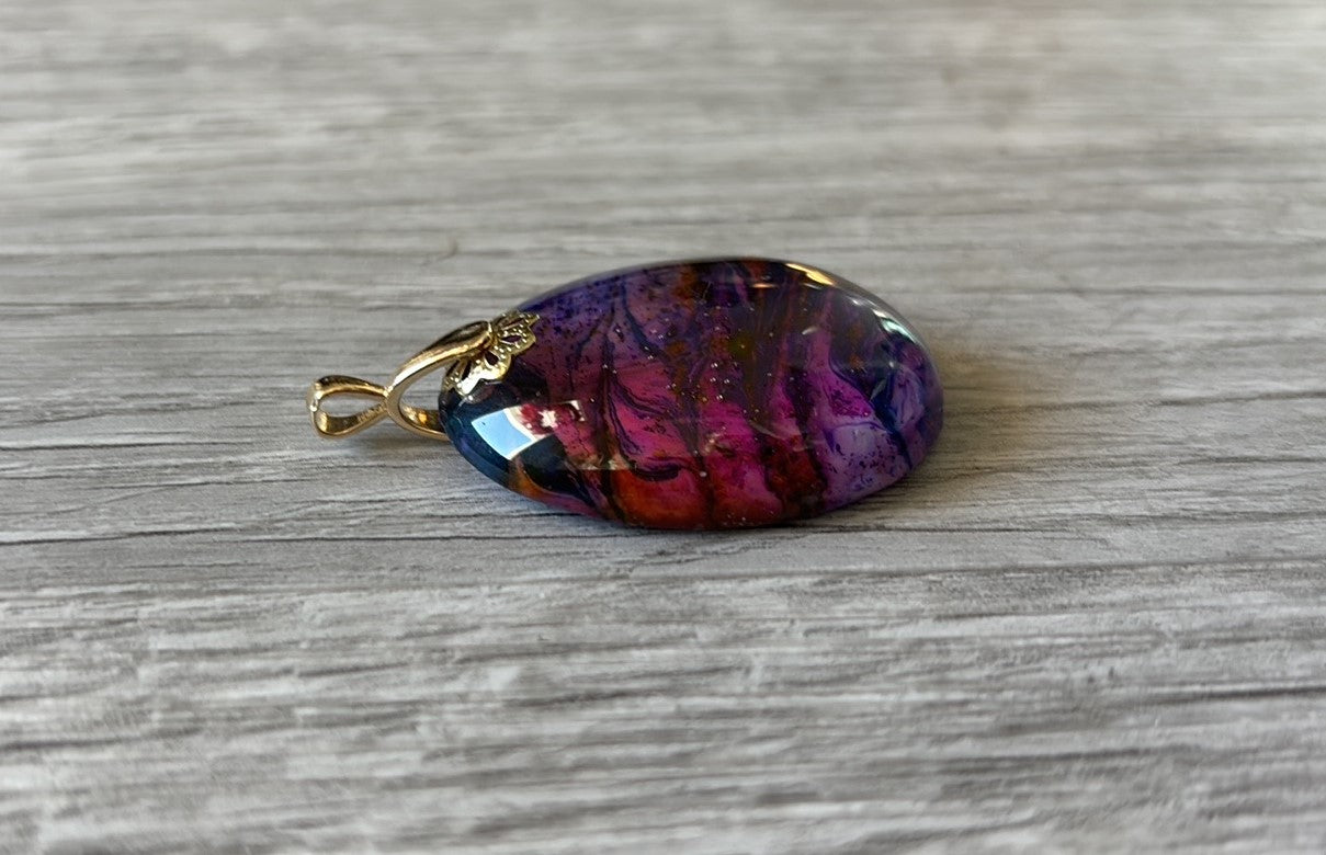 Handcrafted Pink, Purple, Blue & Orange Oval Cabochon Pendant, Gold Tone Bail