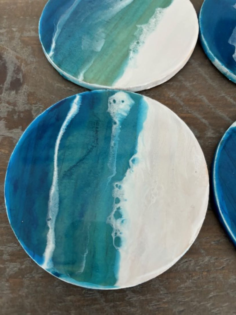 Set of Six Beach Themed Wood Coasters With Metal Holder