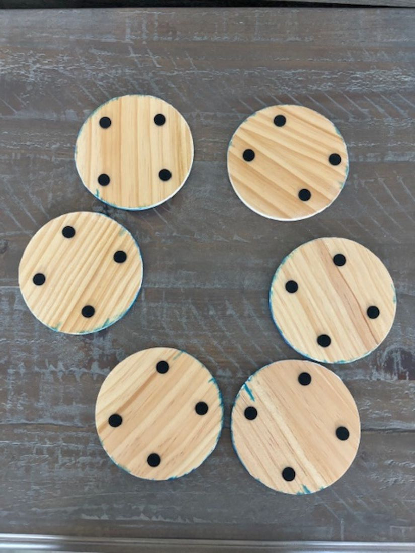 Set of Six Beach Themed Wood Coasters With Metal Holder