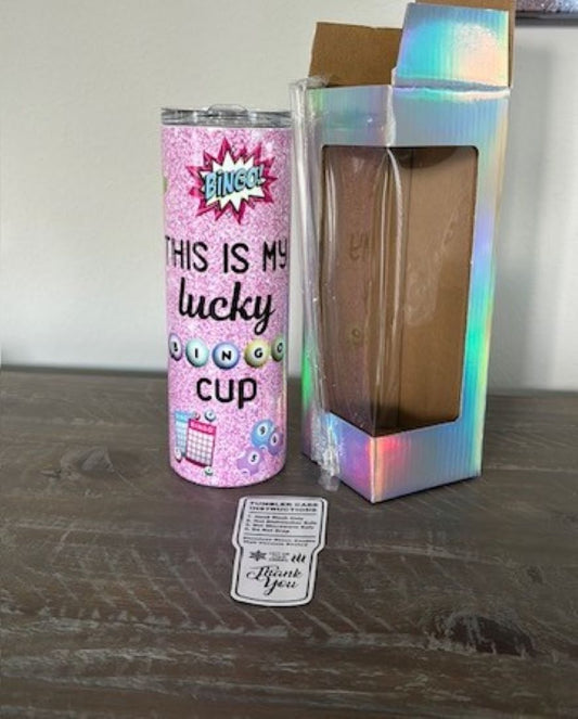 Adorable Bingo theme travel mug. Pink gnome with bingo balls and cards.
Cup reads, “this is my lucky bingo cup”
20 ounce stainless steel cup comes with plastic lid, plastic straw, and gift box as shown
HAND wash only, not dishwasher safe, not microwave safe