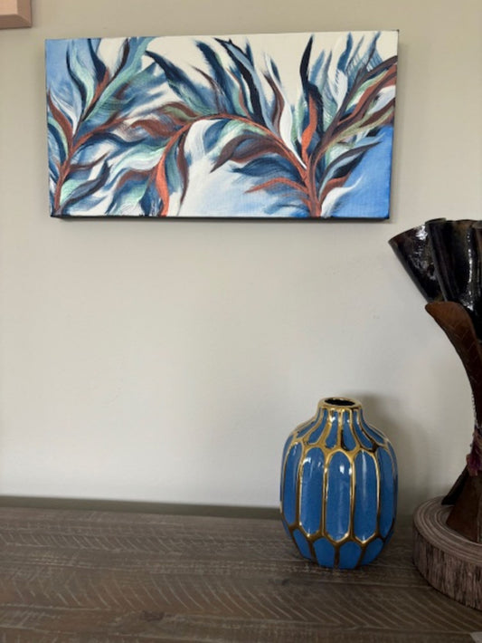Blue Fronds Dancing, Canvas Wall Art, Blue, Copper, Horizontal or Vertical Hanging