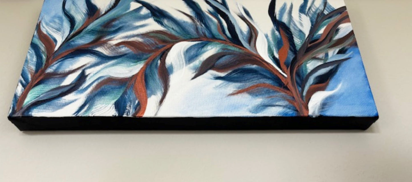 Blue Fronds Dancing, Canvas Wall Art, Blue, Copper, Horizontal or Vertical Hanging