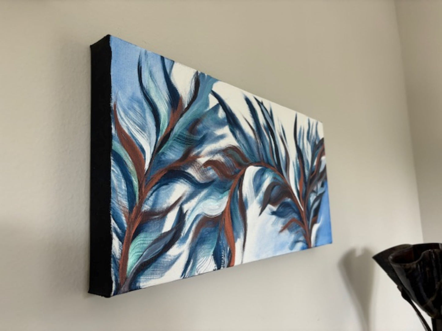Blue Fronds Dancing, Canvas Wall Art, Blue, Copper, Horizontal or Vertical Hanging