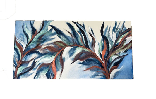 <p>These fronds are dancing in the breeze. Colors of blue, bronze, iridescent green and white flow over the canvas. The iridescent color changes with different angles. </p> <p>How do you like it? Vertical or Horizontal? Either way is beautiful!</p> <p>Painted with acrylic paint on a stretched canvas. Easy to hang.</p> <p>20 x 10</p>