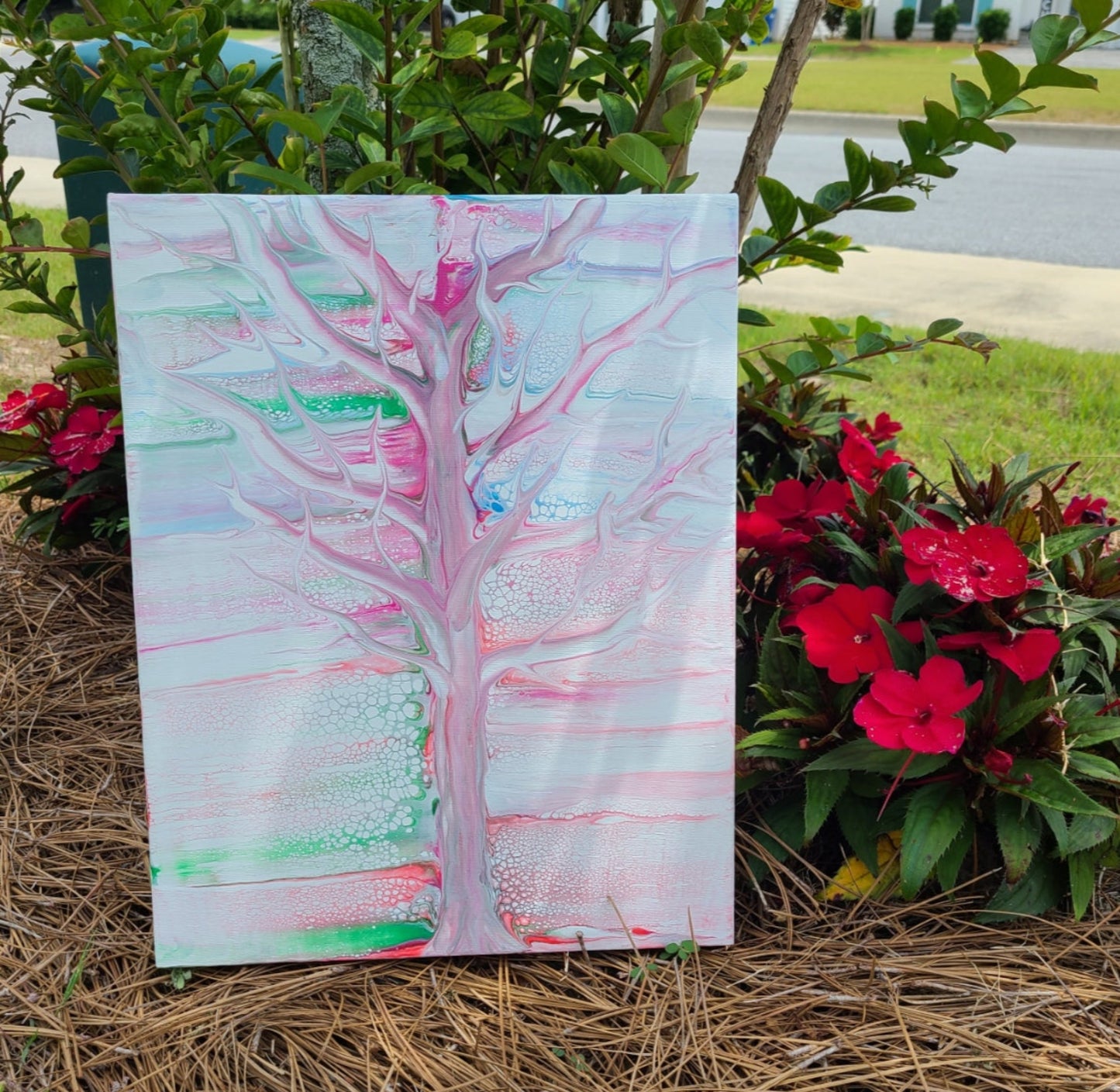 I used magenta, rose, white, sky blue, light green and pewter to create this tree swipe in acrylic paints for your wall. Use it to brighten any space. Would be perfect for a girl's room or powder room. Original artwork On a canvas made especially for paint pouring. Almost like MDF, won't sag. 14 x 11 x 1 Inches