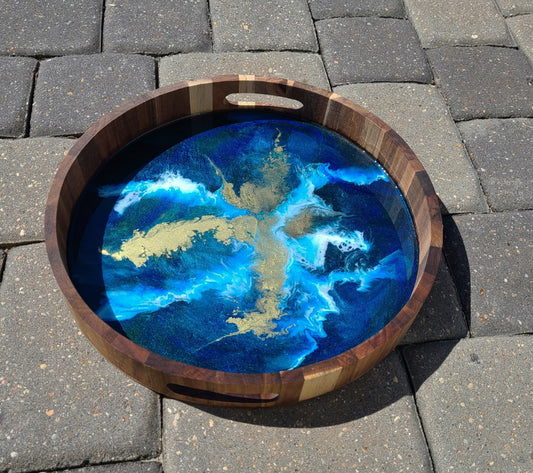 Cobalt, Teal And Gold Round Wood Tray