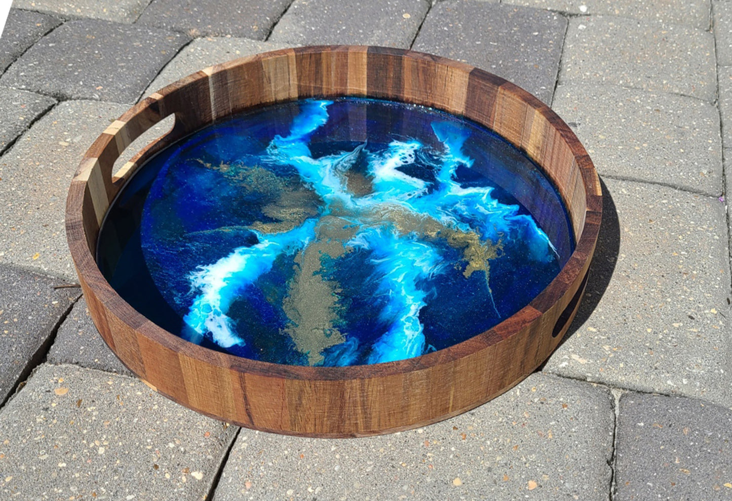 Cobalt, Teal And Gold Round Wood Tray