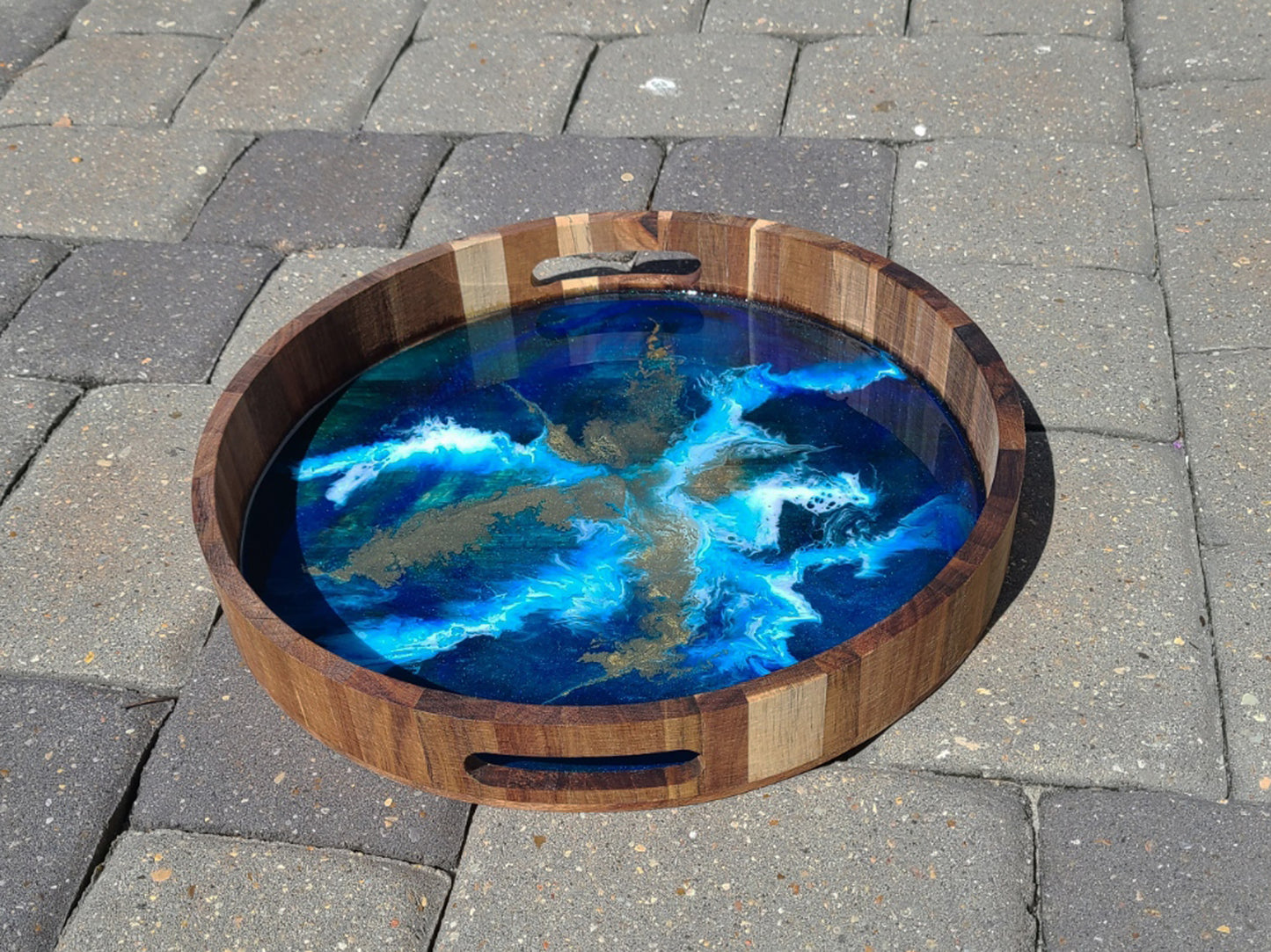 Cobalt, Teal And Gold Round Wood Tray