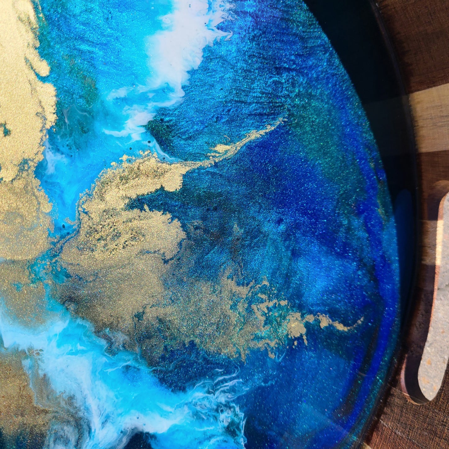 Cobalt, Teal And Gold Round Wood Tray