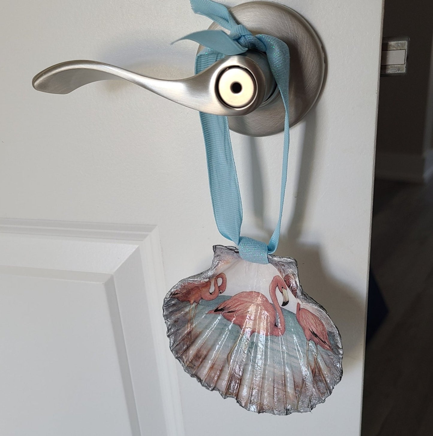 Flamingos On Clam Shell Ornament, Door Hanger, Bottle Decor, Vase Decor