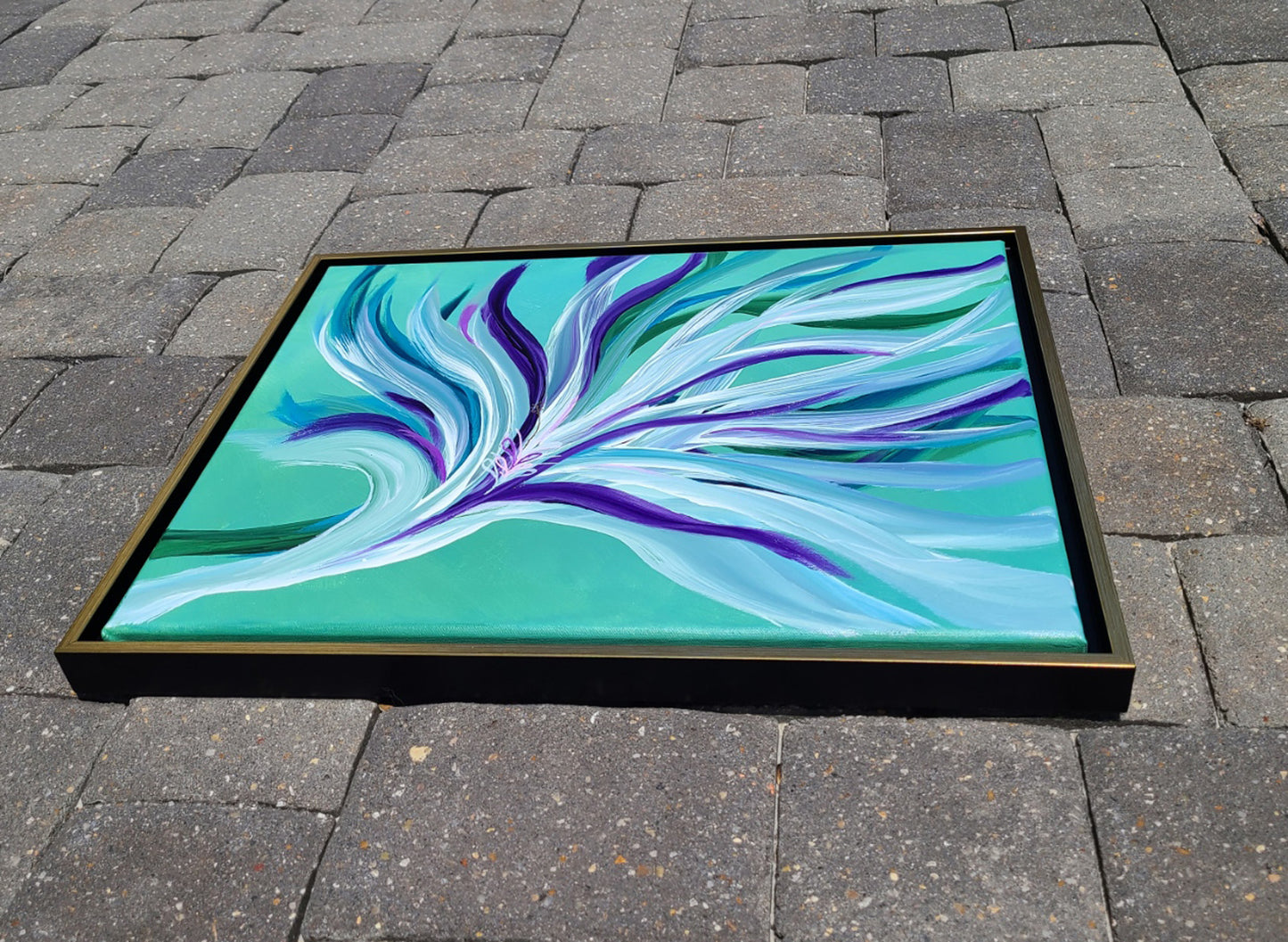 Framed Original Art, Flourish, White, Teal, Blue, Purple Leaves