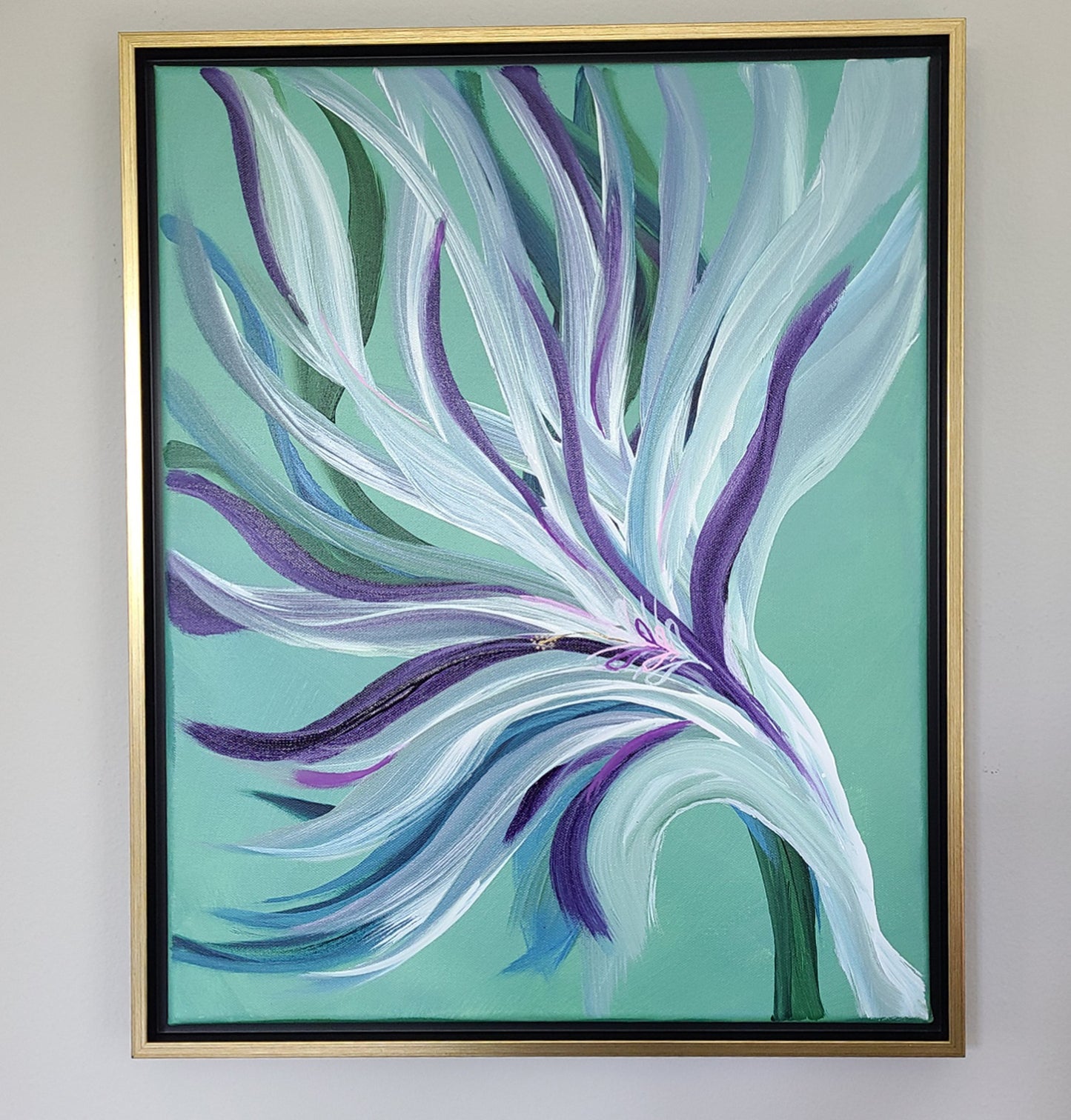 Framed Original Art, Flourish, White, Teal, Blue, Purple Leaves