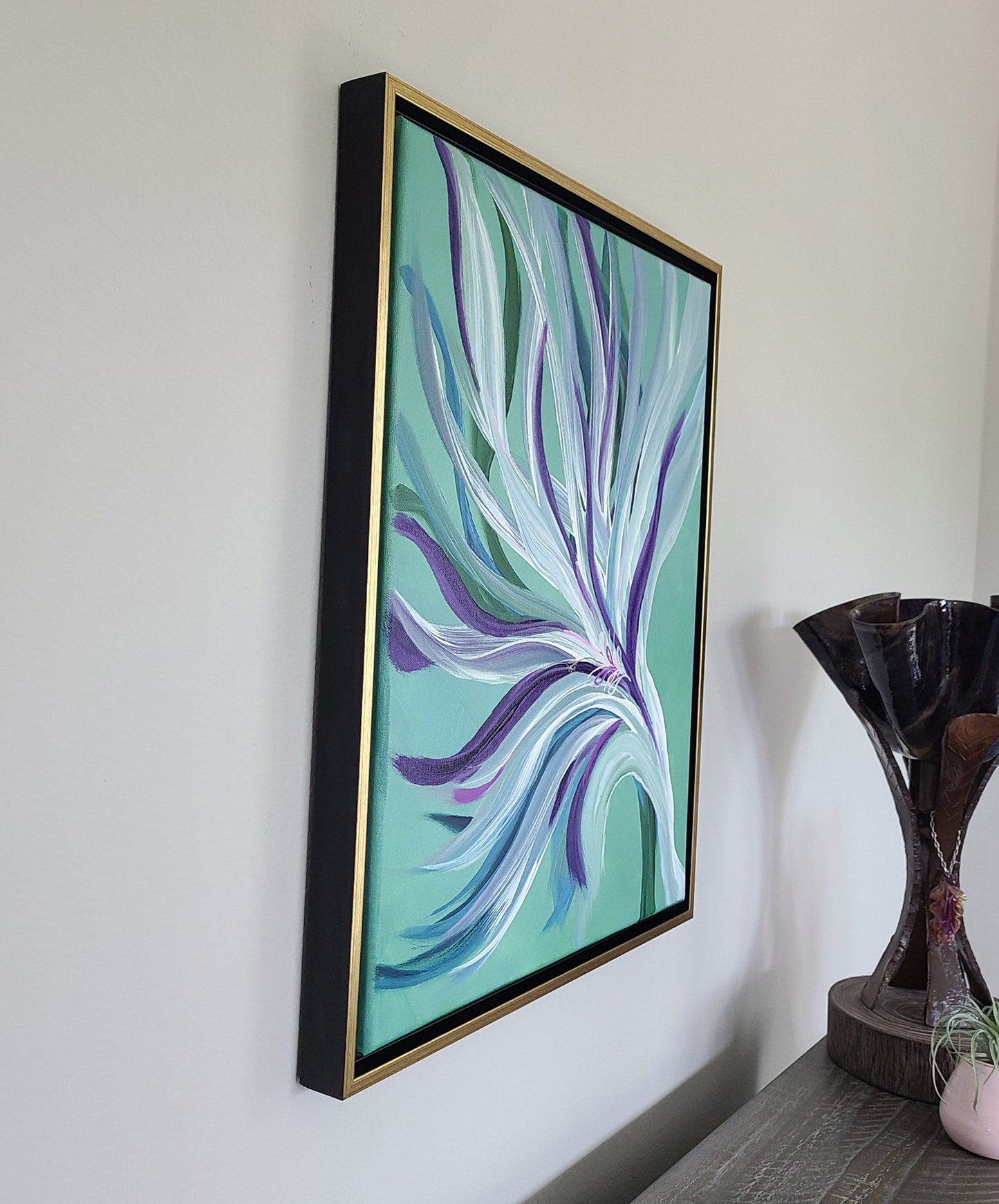 Framed Original Art, Flourish, White, Teal, Blue, Purple Leaves