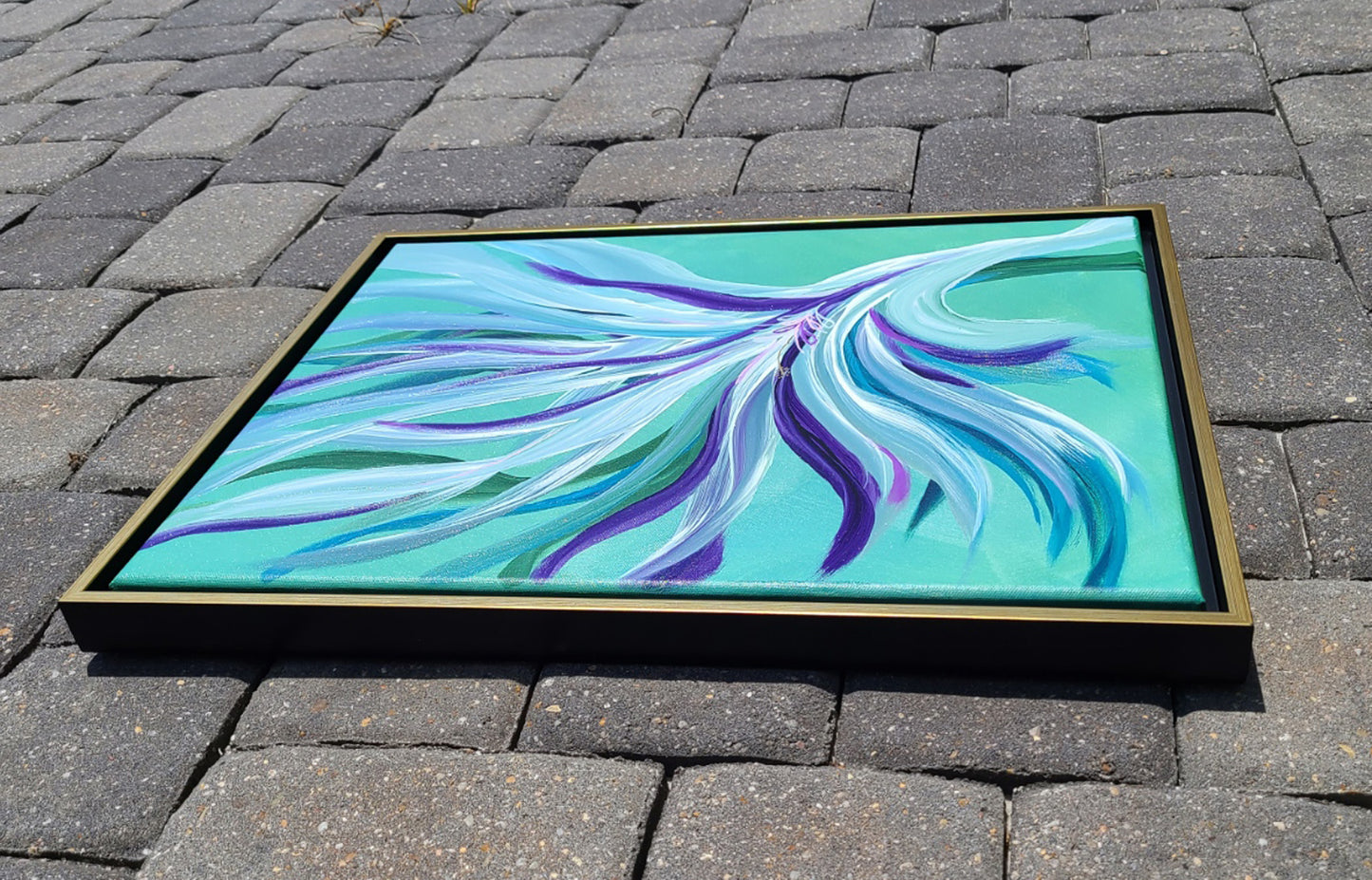 Framed Original Art, Flourish, White, Teal, Blue, Purple Leaves