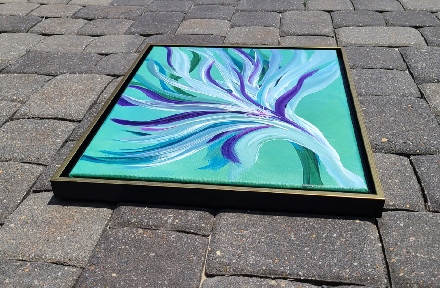 Framed Original Art, Flourish, White, Teal, Blue, Purple Leaves