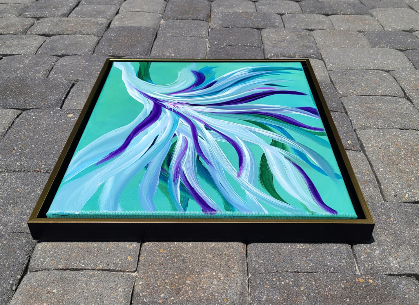 Framed Original Art, Flourish, White, Teal, Blue, Purple Leaves