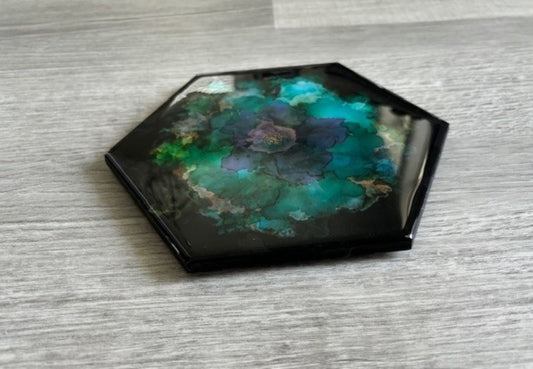 Teal and Purple Flower, Alcohol Inks on Tile Trivet or Accent Art
