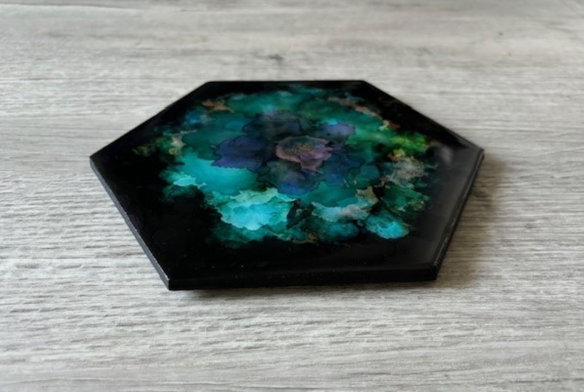 Teal and Purple Flower, Alcohol Inks on Tile Trivet or Accent Art