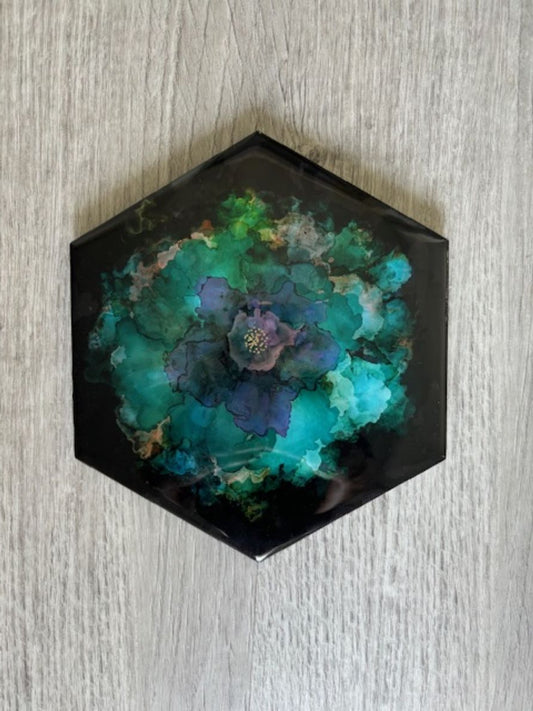 Teal and Purple Flower, Alcohol Inks on Tile Trivet or Accent Art