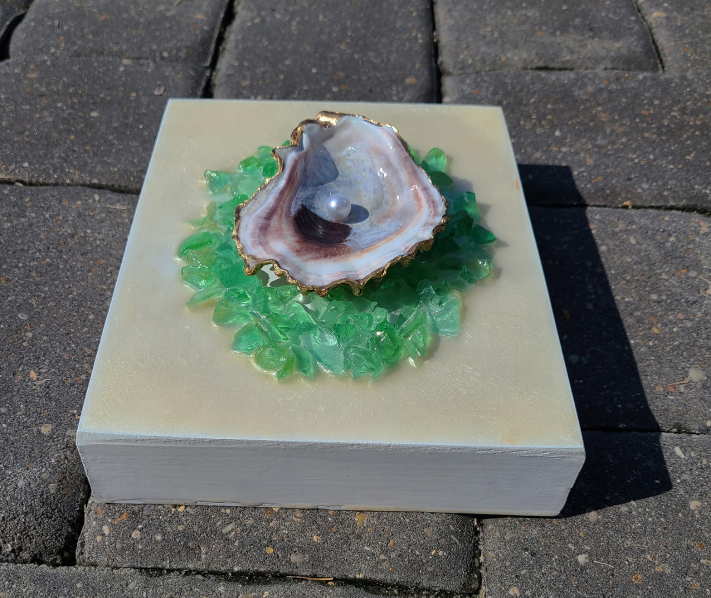 Mixed Media Artwork, 3-D Oyster Shell On Green Glass
