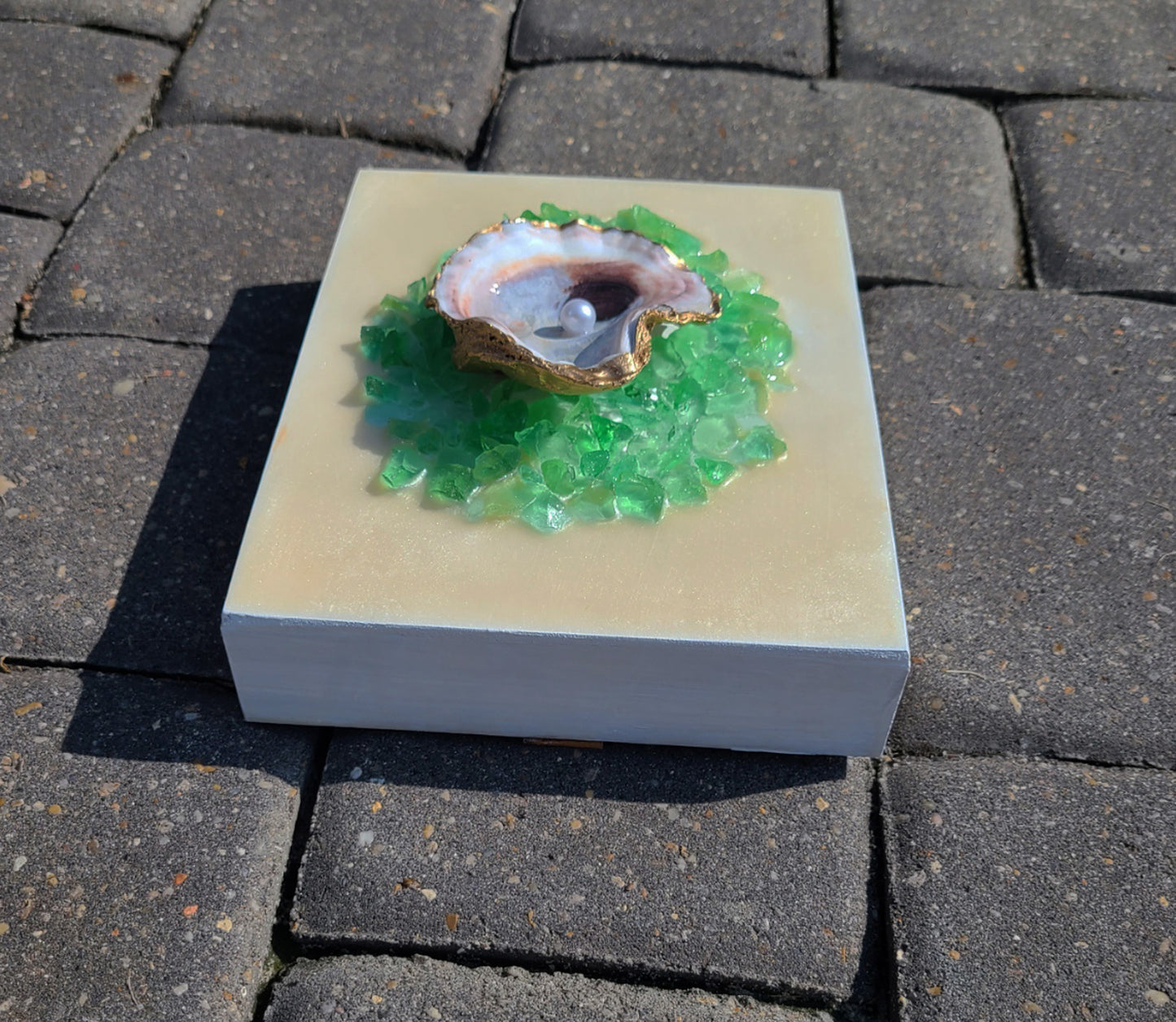 Mixed Media Artwork, 3-D Oyster Shell On Green Glass