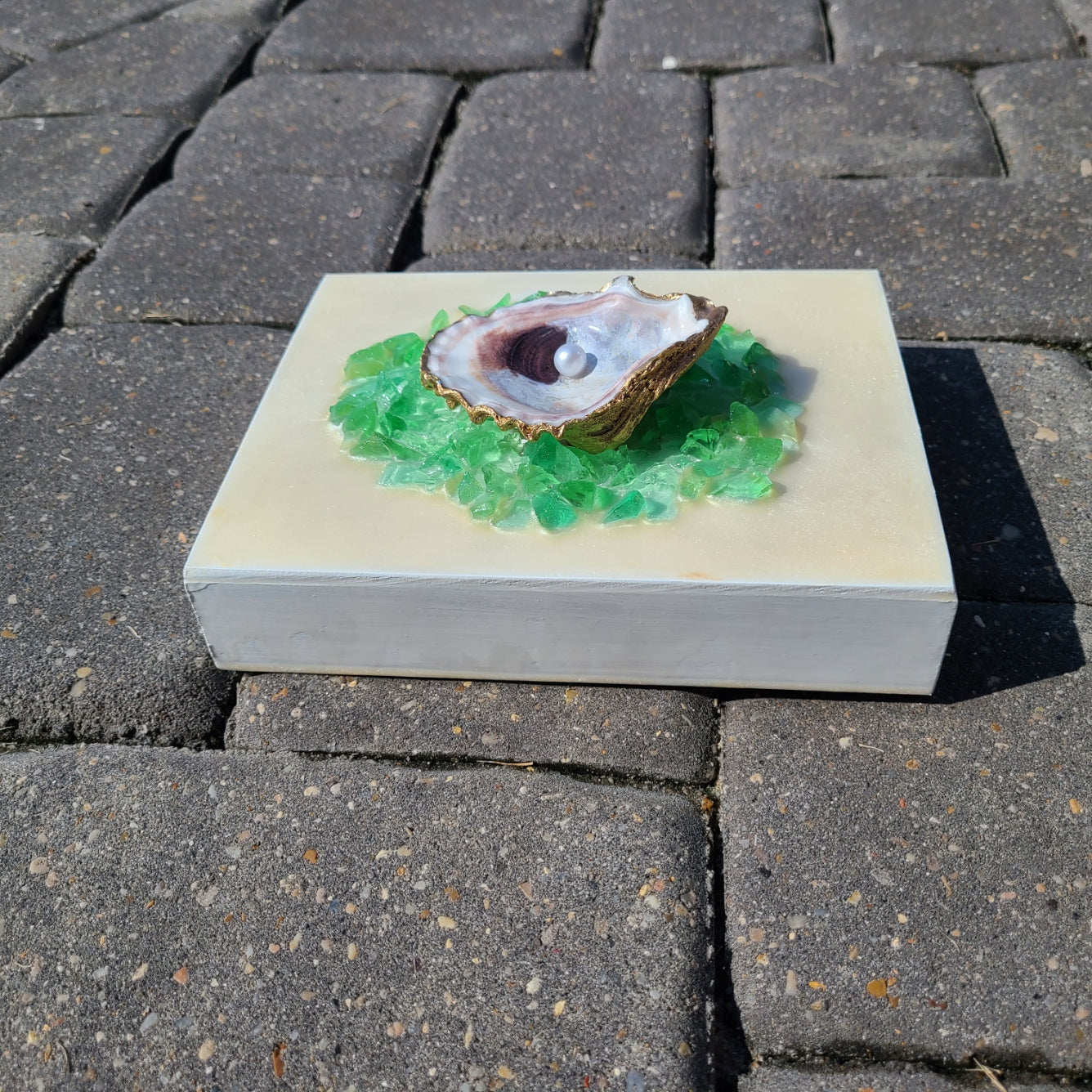 Mixed Media Artwork, 3-D Oyster Shell On Green Glass