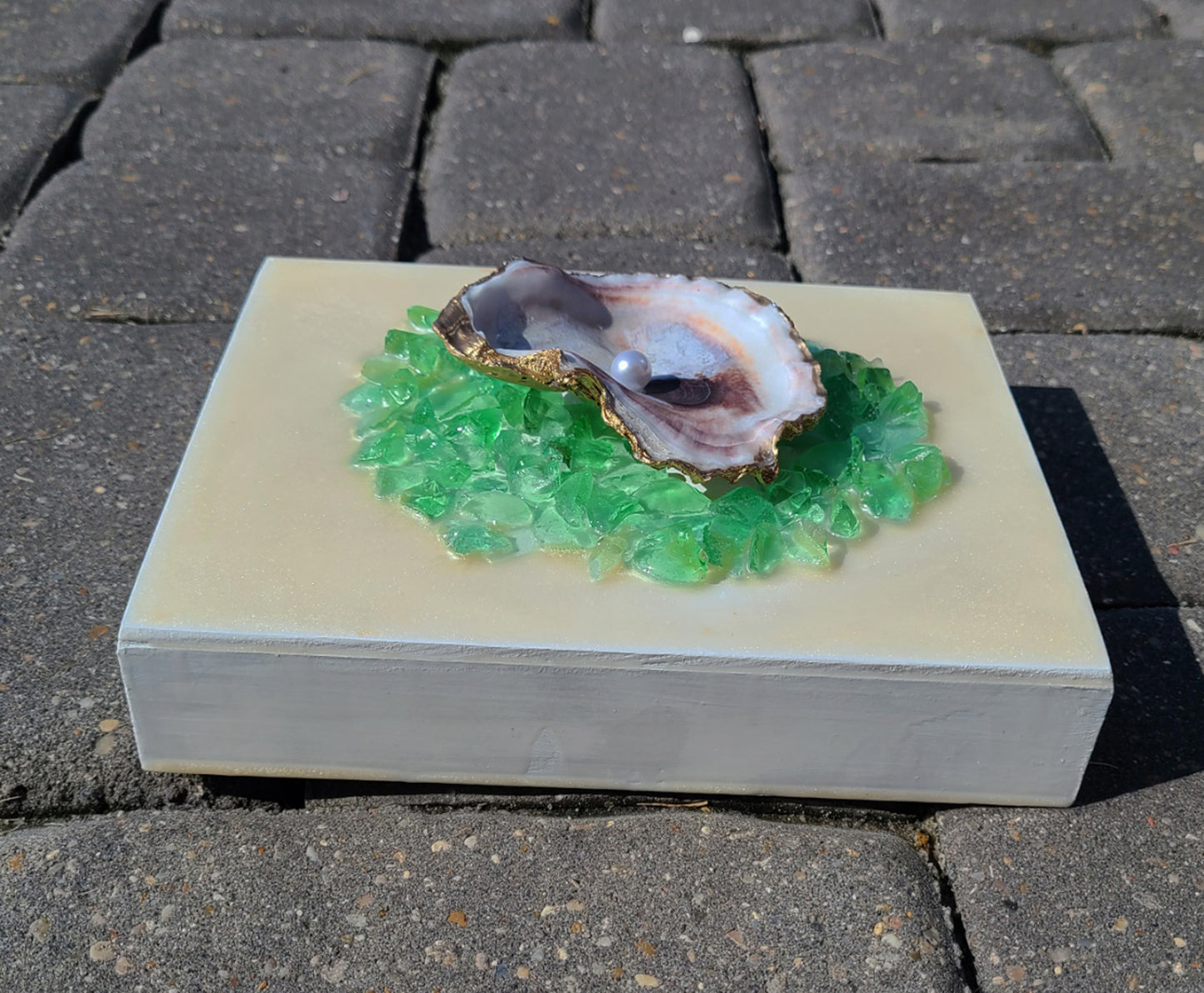 Mixed Media Artwork, 3-D Oyster Shell On Green Glass