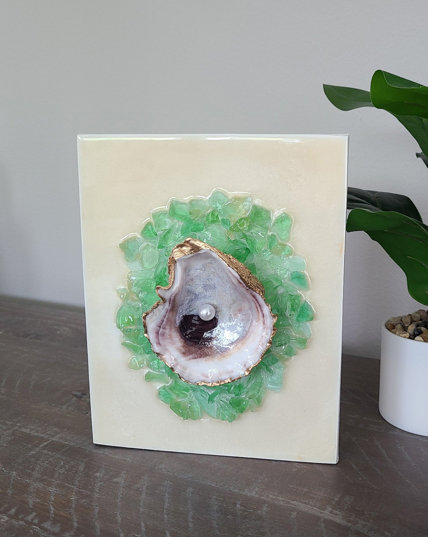 Mixed Media Artwork, 3-D Oyster Shell On Green Glass