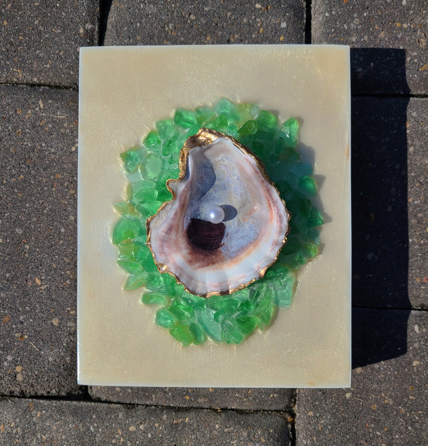 Mixed Media Artwork, 3-D Oyster Shell On Green Glass