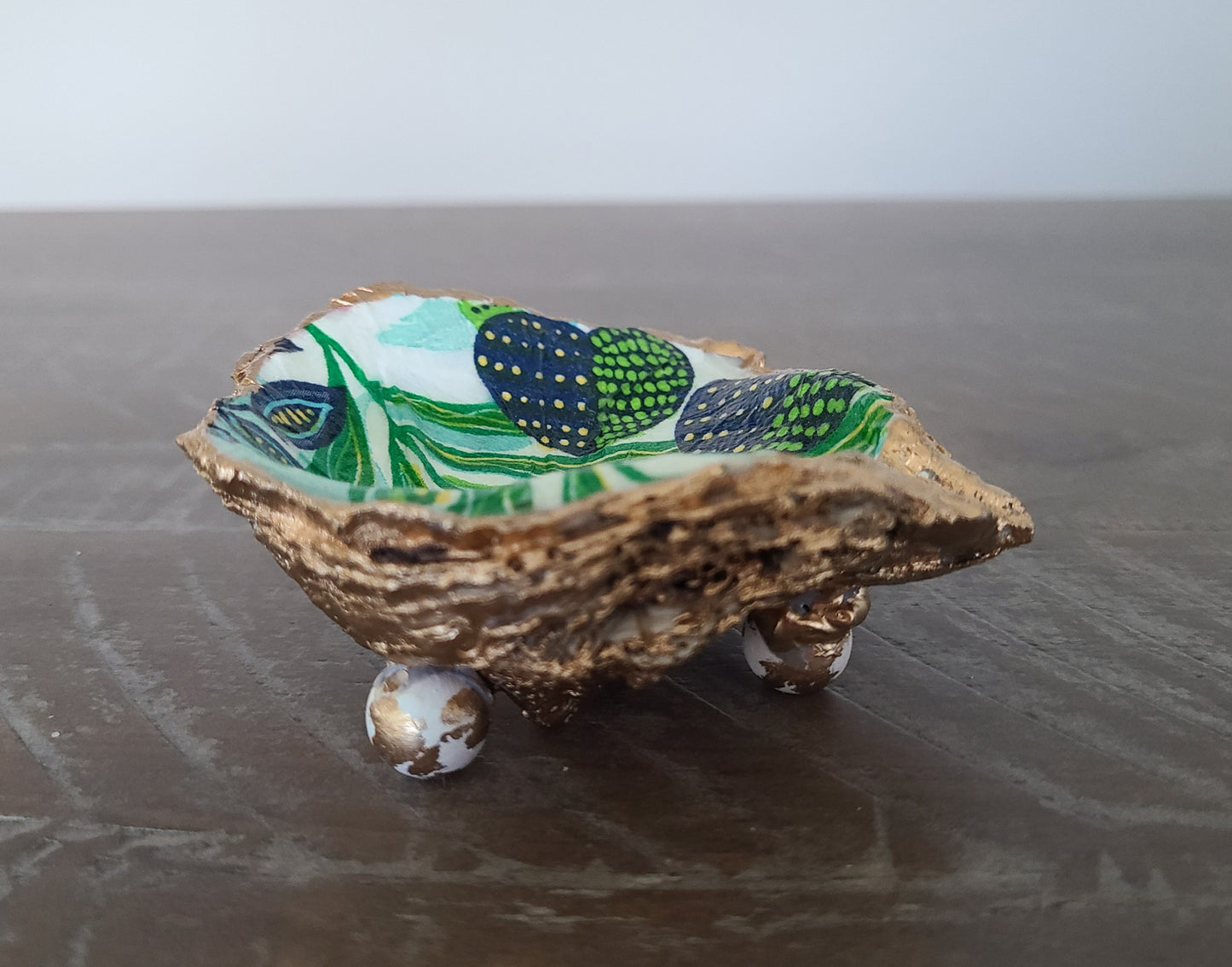 Decoupaged Oyster Shell Trinket Dish, Hearts & Leaves