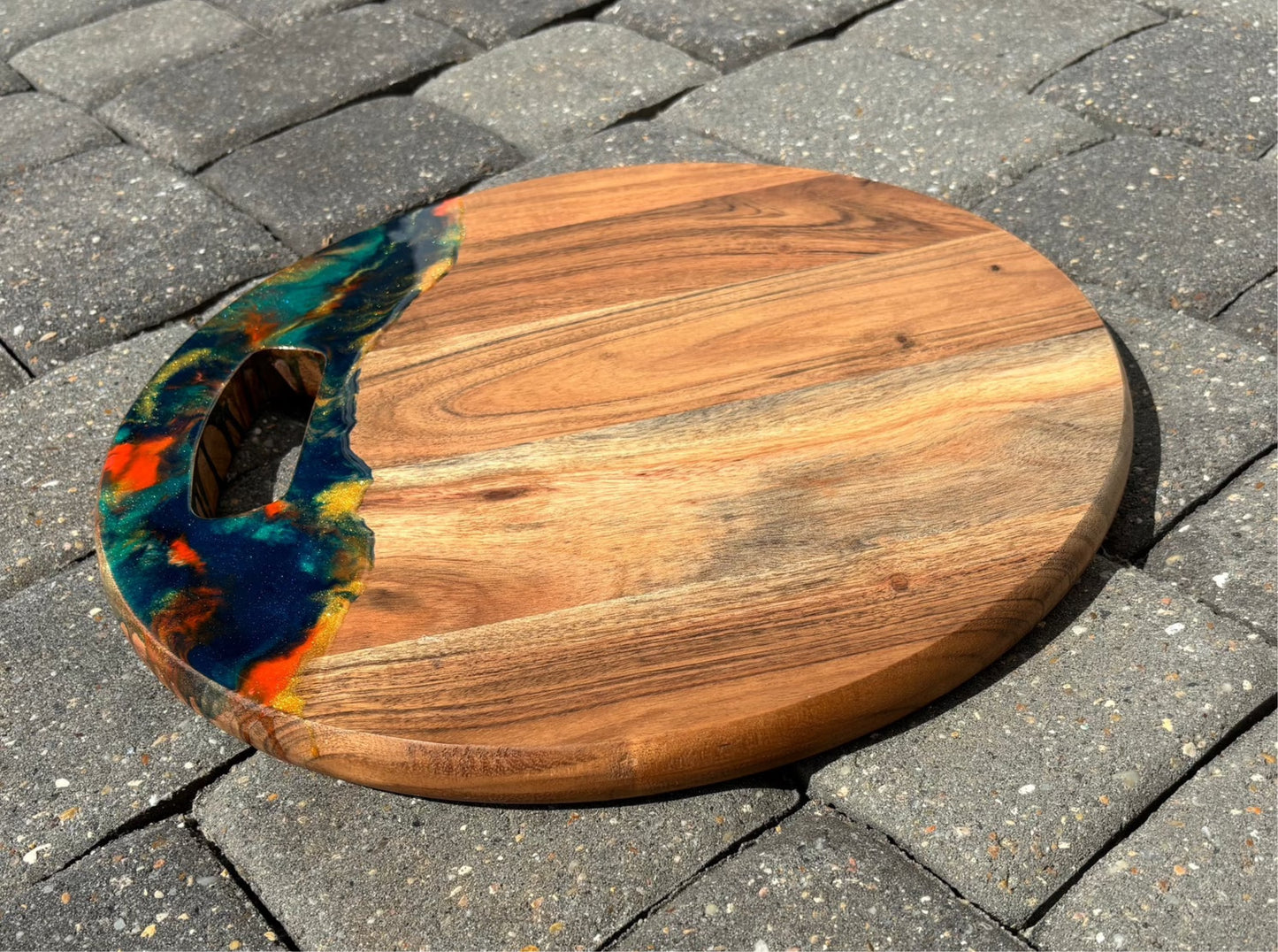 Round Wood Cutting Board, Charcuterie, Blue, Orange, Gold Resin