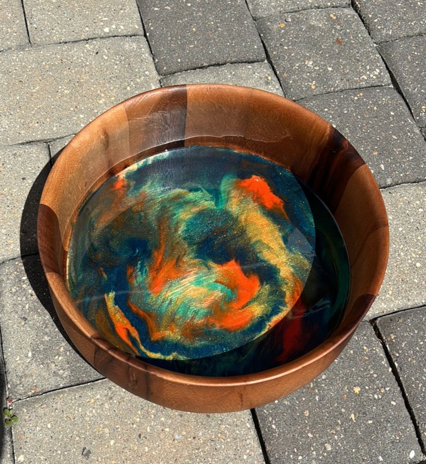 Round Wood Bowl With Orange, Gold, Blue Resin