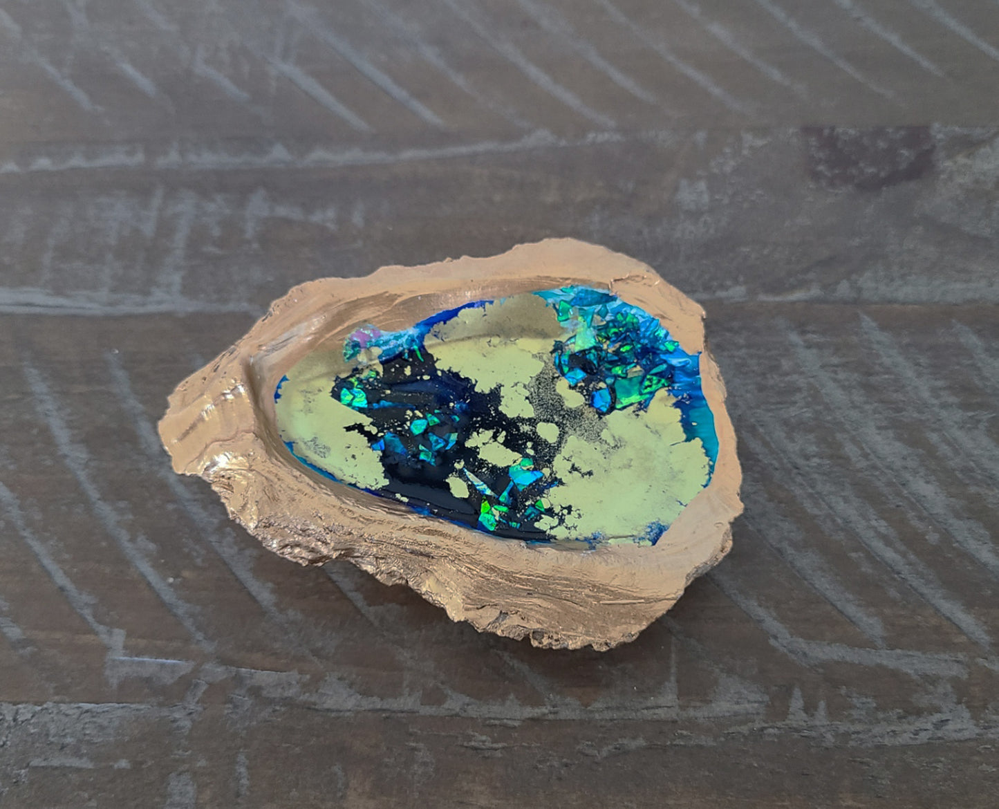 Classy Oyster Shell Trinket Dish, Art Piece, Gold, Blue