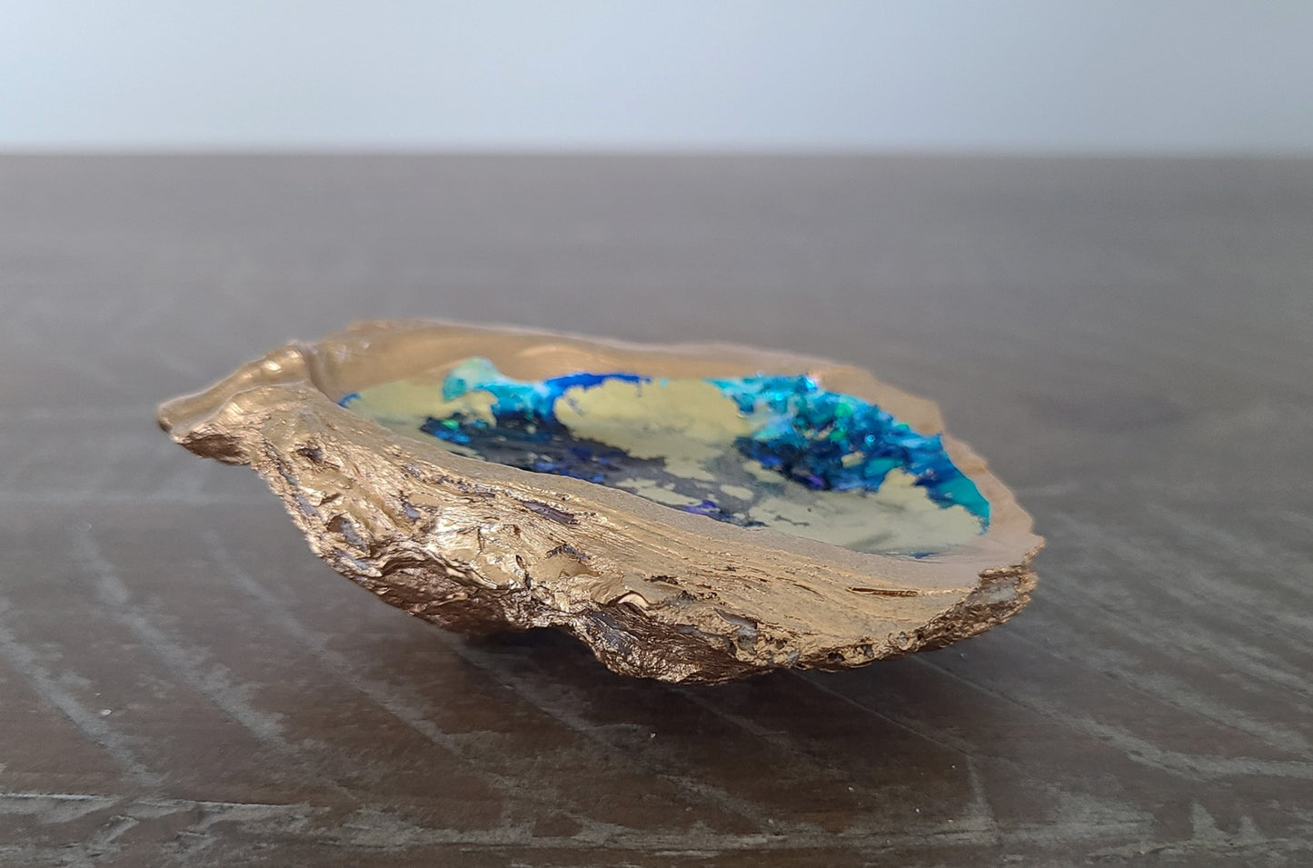 Classy Oyster Shell Trinket Dish, Art Piece, Gold, Blue
