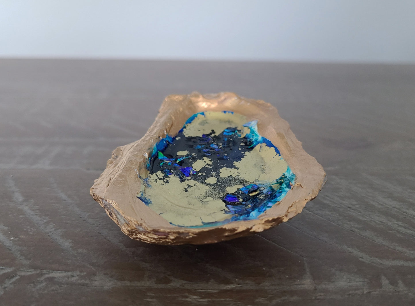 Classy Oyster Shell Trinket Dish, Art Piece, Gold, Blue