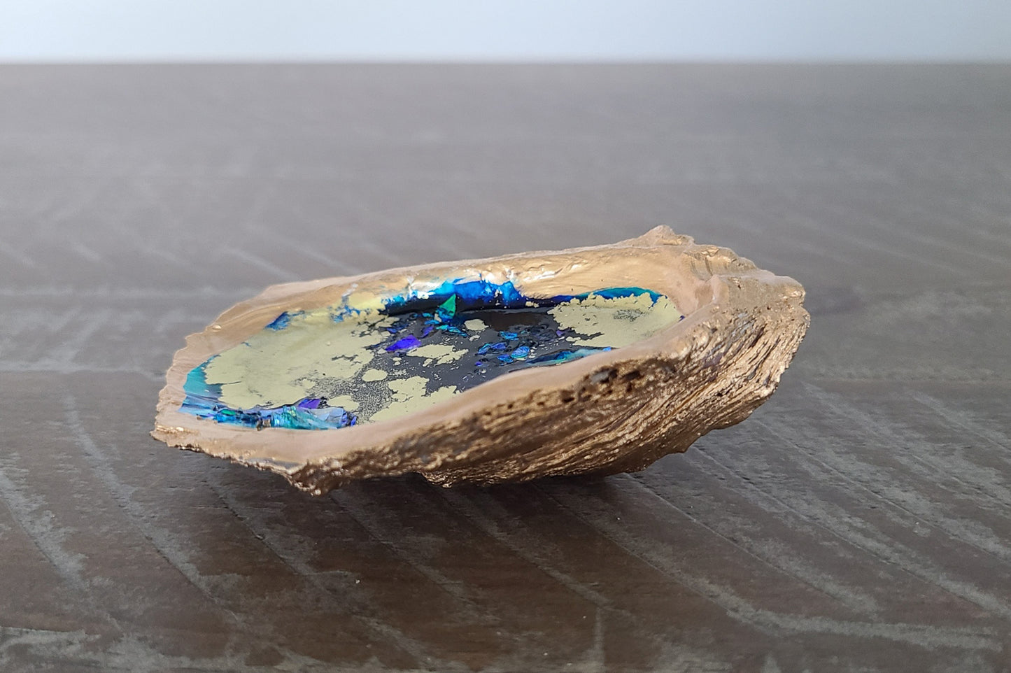 Classy Oyster Shell Trinket Dish, Art Piece, Gold, Blue