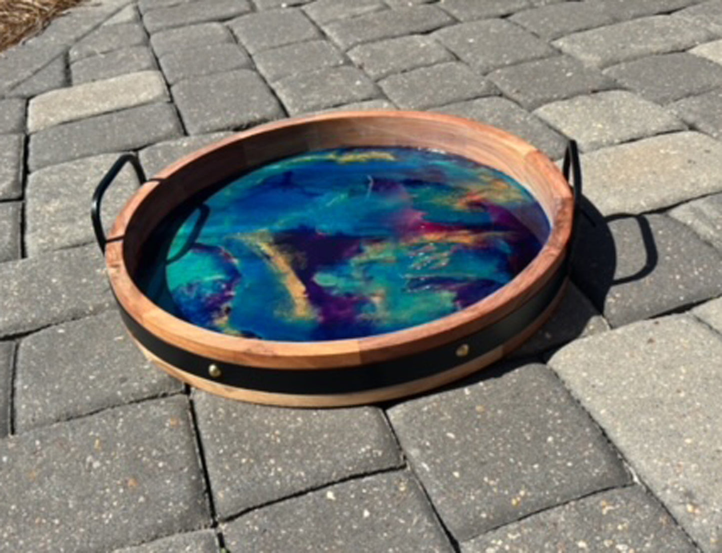 Round Wood Tray With Metal Handles, Blue, Purple, Gold Resin