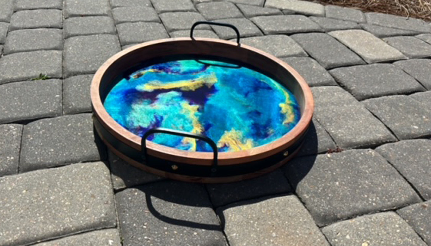 Round Wood Tray With Metal Handles, Blue, Purple, Gold Resin