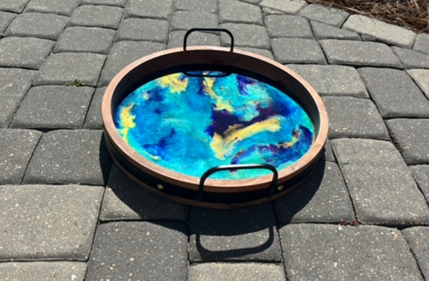 Round Wood Tray With Metal Handles, Blue, Purple, Gold Resin