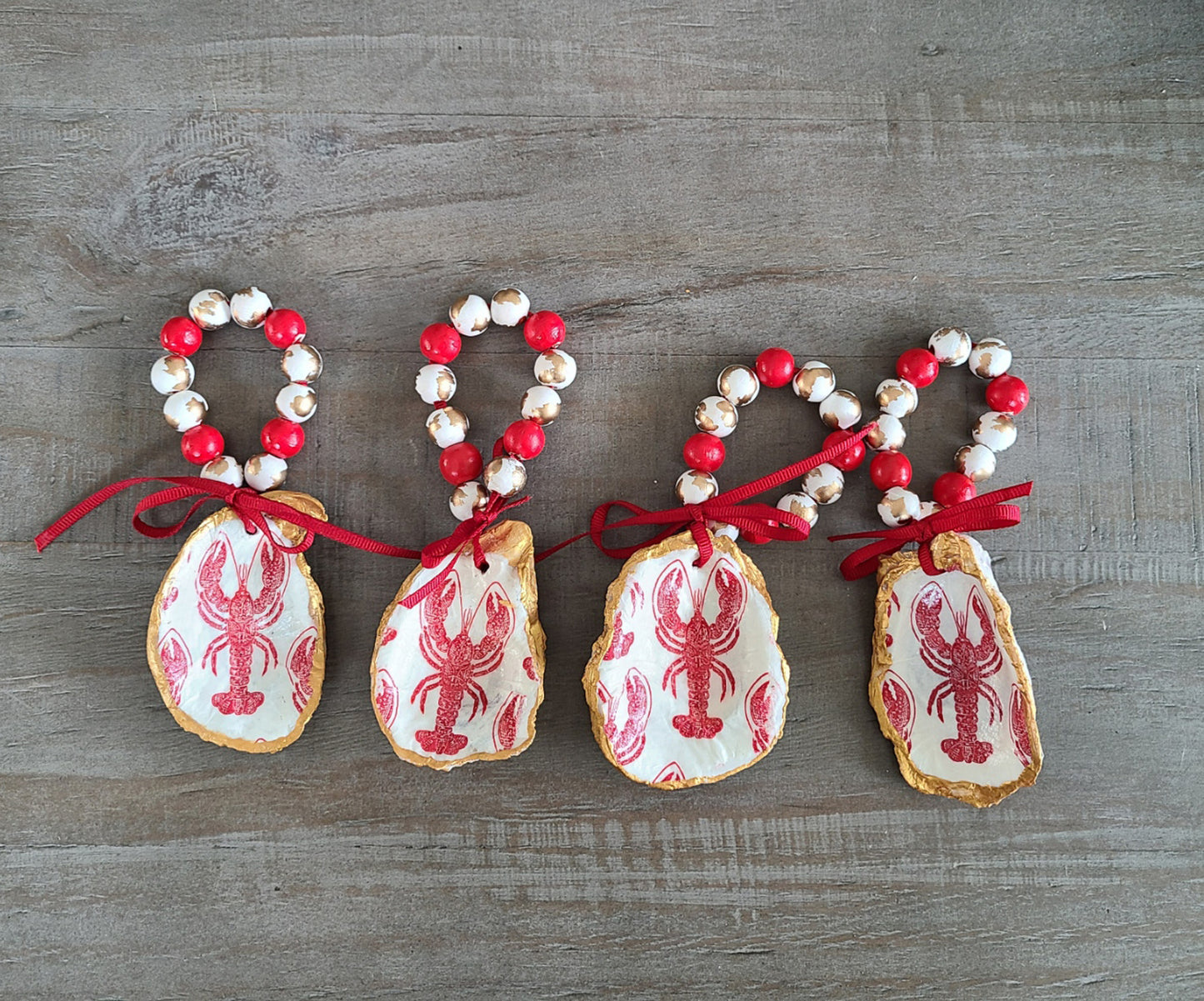 Set of 4 Lobster Themed Napkin Rings, Oyster Shells, Wood Beads
