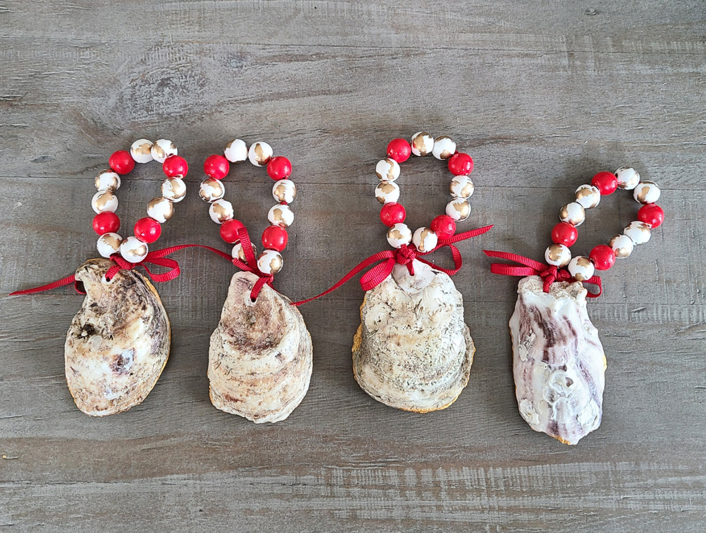 Set of 4 Lobster Themed Napkin Rings, Oyster Shells, Wood Beads