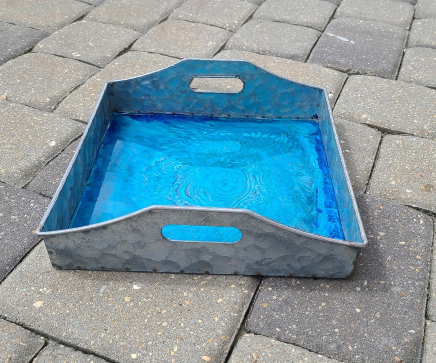Square Rustic Metal Tray With Deep Blue Hole Design