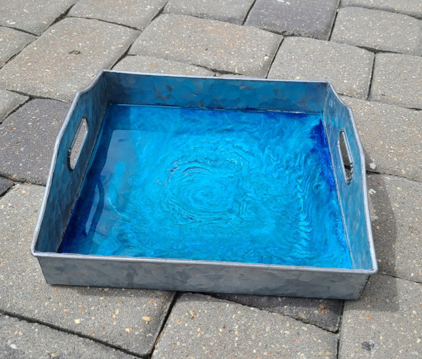 Square Rustic Metal Tray With Deep Blue Hole Design