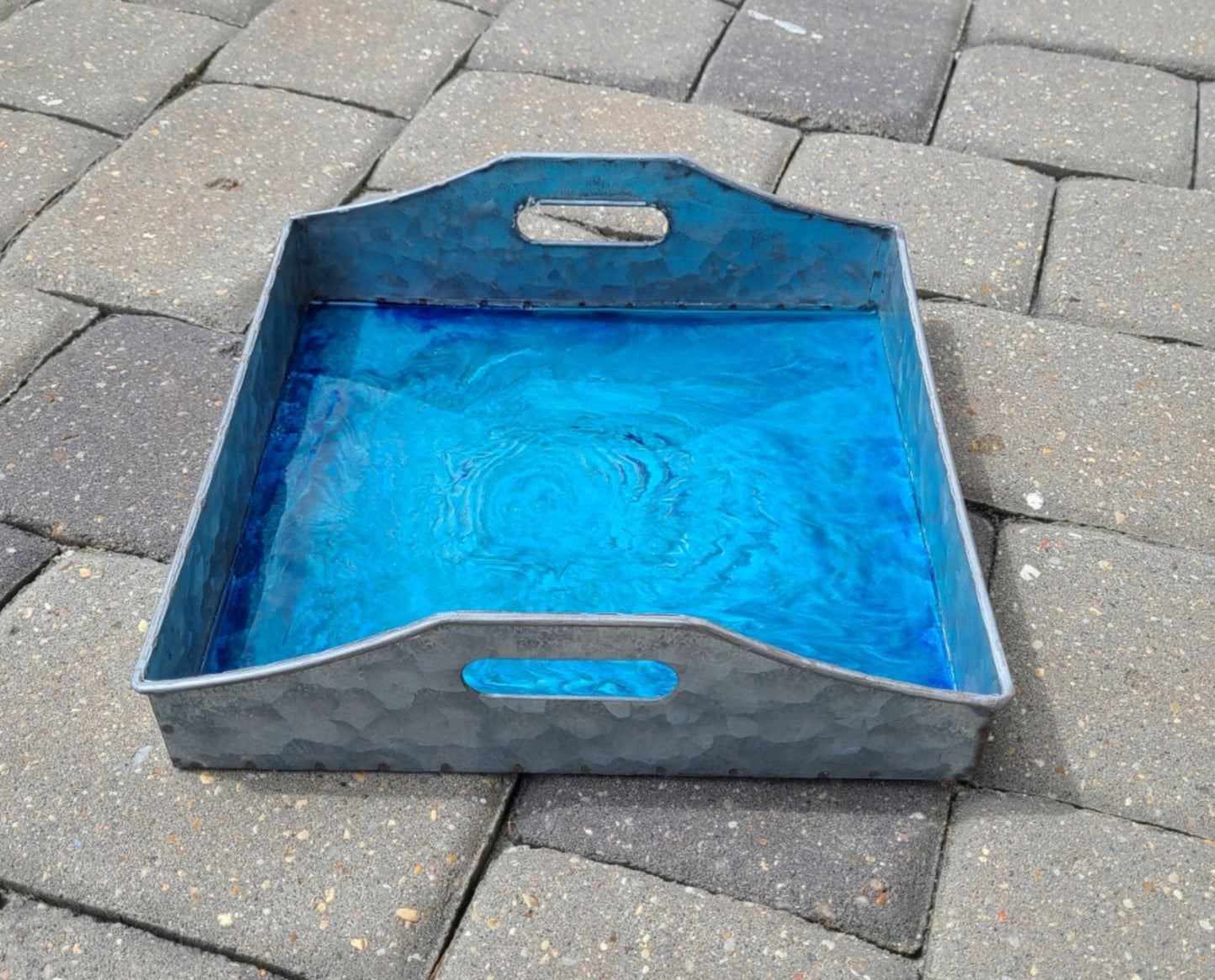 Square Rustic Metal Tray With Deep Blue Hole Design