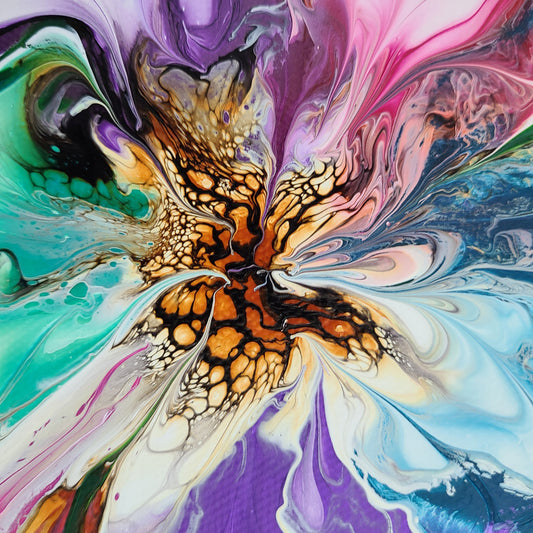 I can't stop looking at the center of this little bloom. The multi-color petals will allow this piece to flourish in any room. Pink, purples, blue and green gather to a gold and black center. One of a kind piece. I did this on a 6 x 6 x .75 inch canvas with acrylic paint. Can be hung on the wall or it will stand on its own on a table or shelf.