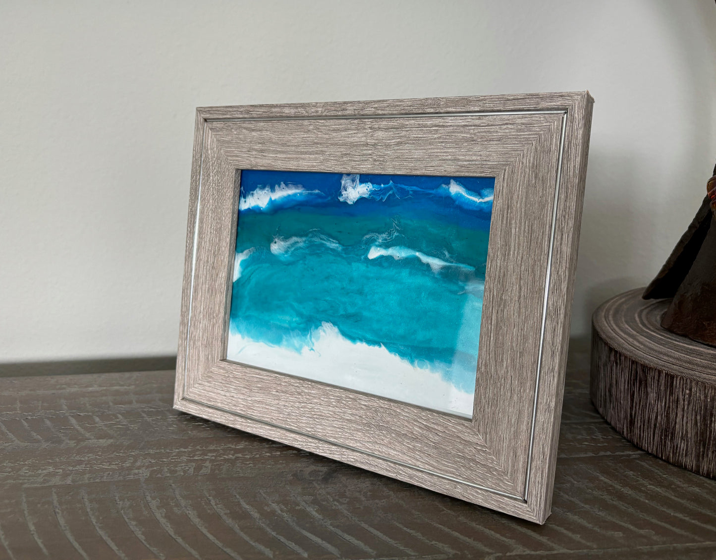 Ocean Scene on Glass, Gray and Silver Frame, 9.5 x 7.75 Inches
