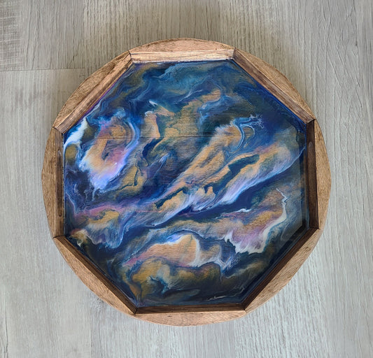 Unusual Octogen Shaped Serving Tray, Blues, Purple, Gold, White